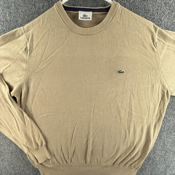 Lacoste Men Sweater Pullover Croc Logo Size 5 Large Beige Cotton Crew Neck Knit - Picture 1 of 14